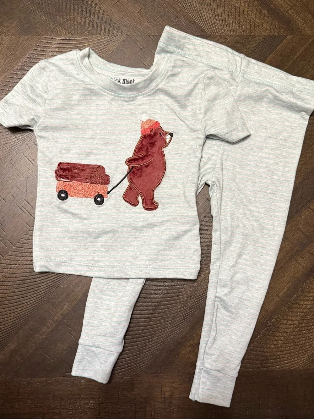 Mick Mack Kids Bear Wagon Pajama Set - Light Gray & Teal Bear Print